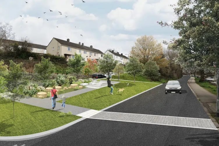 An artist's impression of the landscaped green space planned for Malpas Road 