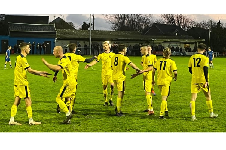 Wendron celebrate one of their second half goals at Bude Town on Saturday. Picture: Kevin Marriott