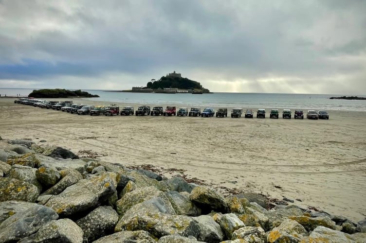 Land Rovers outside St Michael's Mount.