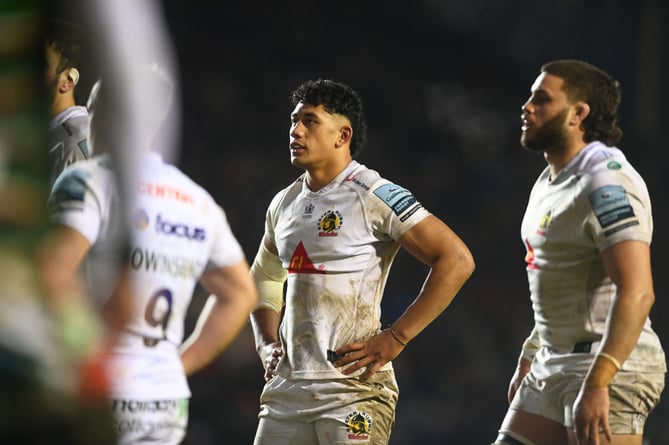 Exeter Chiefs duo Greg Fisilau and Ethan Roots during Saturday's Gallagher Premiership clash with Leicester Tigers