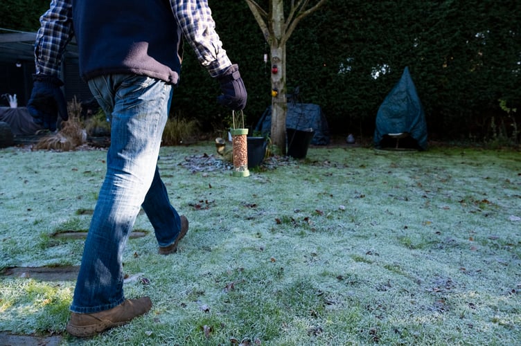 Man carrying full feeder across garden, Image taken as part of our coverage of the RSPB's Big Garden Birdwatch campaign, Staffordshire, November 2023